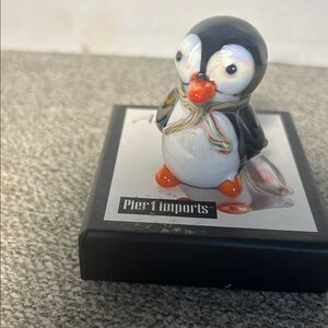 Pier 1 Black and White Glass Penguin Figurine with Orange Beak and Feet
